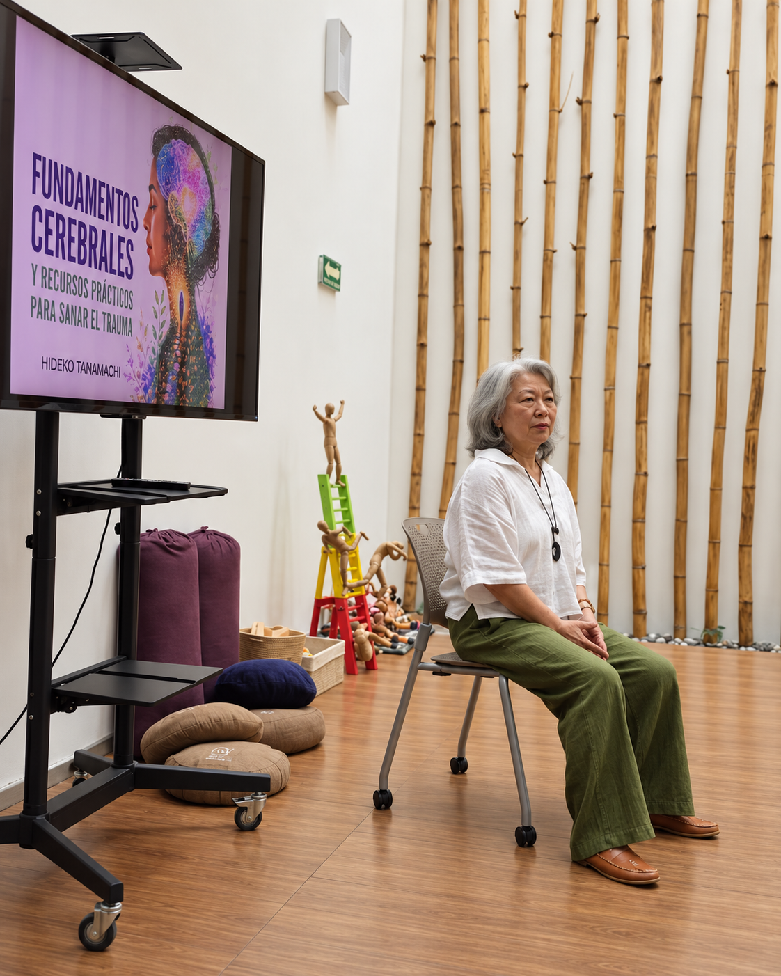 Hideko Tanamachi impartiendo un curso en Centro Asahi, sentada frente al grupo junto a una pantalla y un muro de bambú