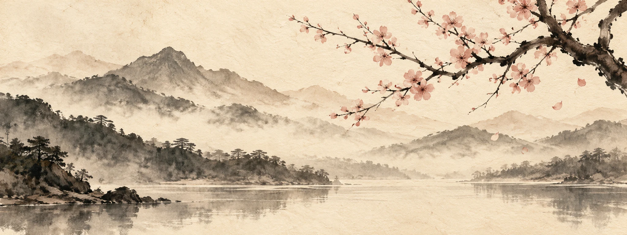 Ilustración en tinta de montañas entre la bruma y una rama de cerezo en flor